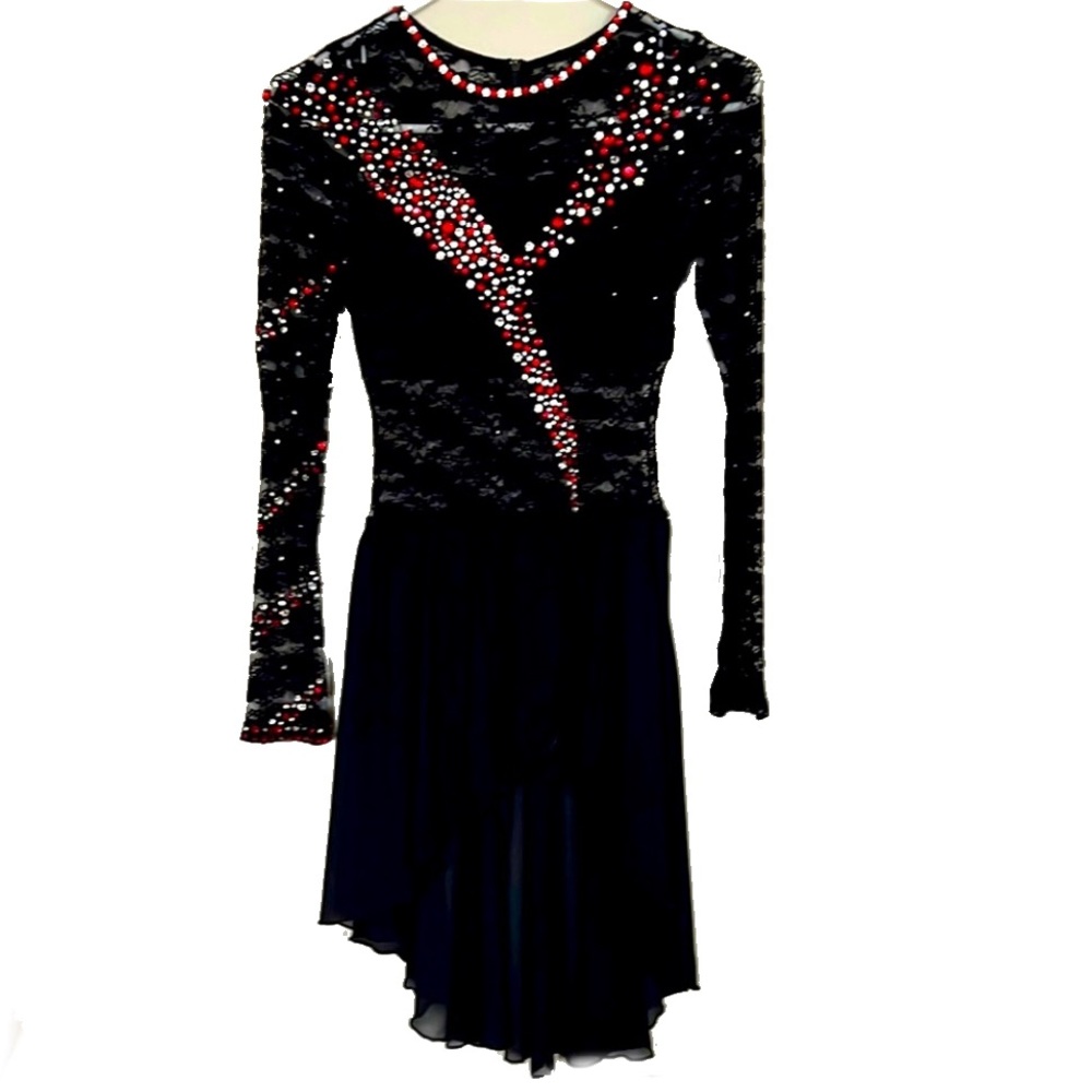 BALERA Black lace, Hi lo dance dress, Red & Clear crystals, girls size 10-12/MC.